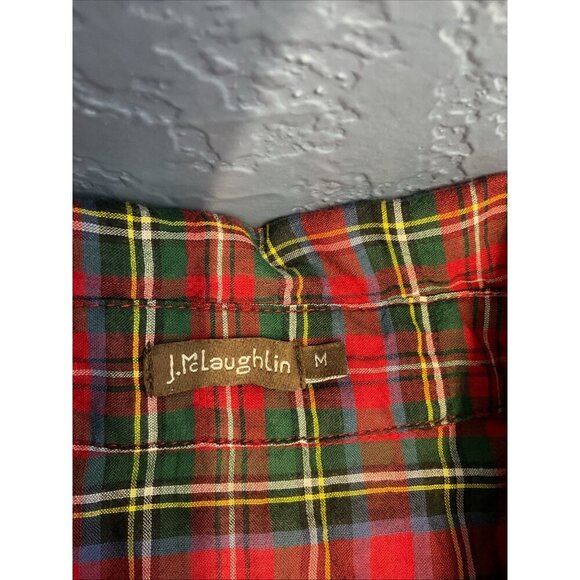 J. McLaughlin tartan holiday plaid lightweight puff sleeve button up top M - Picture 6 of 9